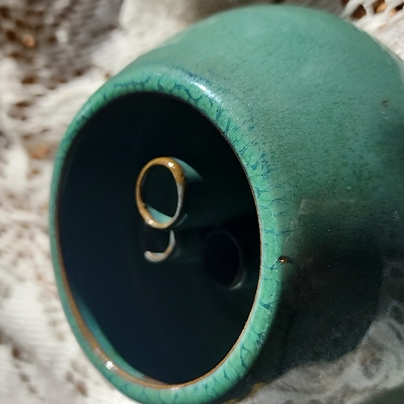 Vintage Green Glazed Crackle Rim 3 Hole Flower Frog - Picture 4 of 5